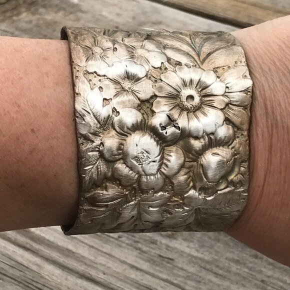 Antique Sterling Silver Bracelet Art Nouveau Floral Cuff 925 Gorham Victorian - Picture 7 of 8